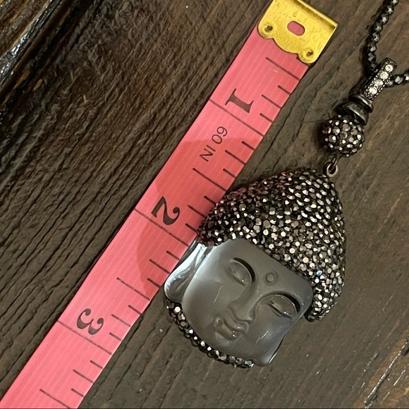 Glass Buddha pendant necklace with in pyrite/ Hematite beads. 32 inches long. - Picture 9 of 10